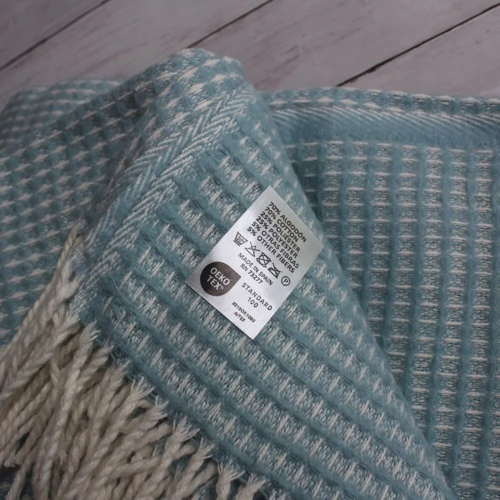 Made in Spain Throw Blanket Blue Cream with Fringe Cotton Blend